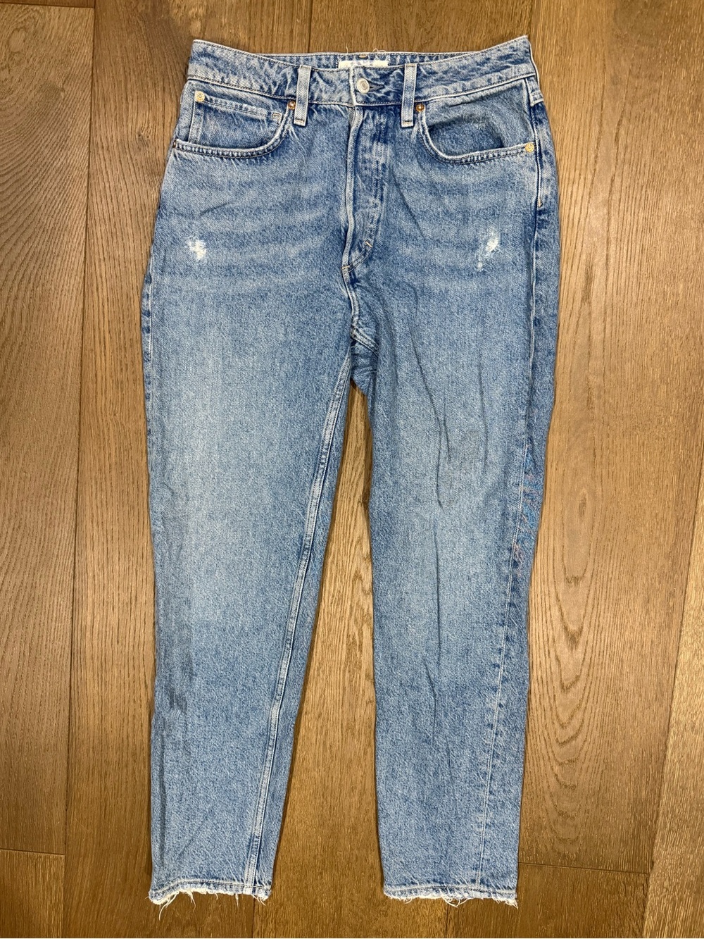 Free People We The Free Distressed High Rise Straight Leg Jeans Blue